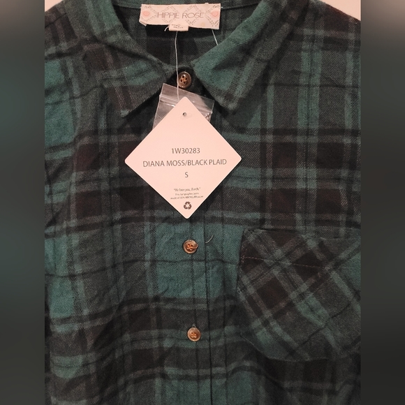 Hippie Rose Plaid Fannel Shirt | Green & Black | Size S | NWT - Picture 2 of 5